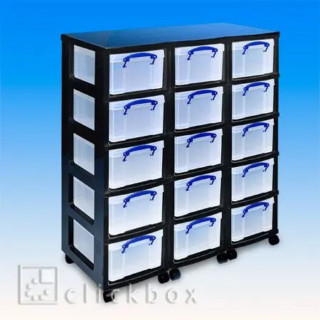 3 schwarze Regaltürme von REALLY USEFUL BOX mit 27 eingesetzten transparenten Aufbewahrungsboxen mit Deckel 4 Liter, mit Laufrollen