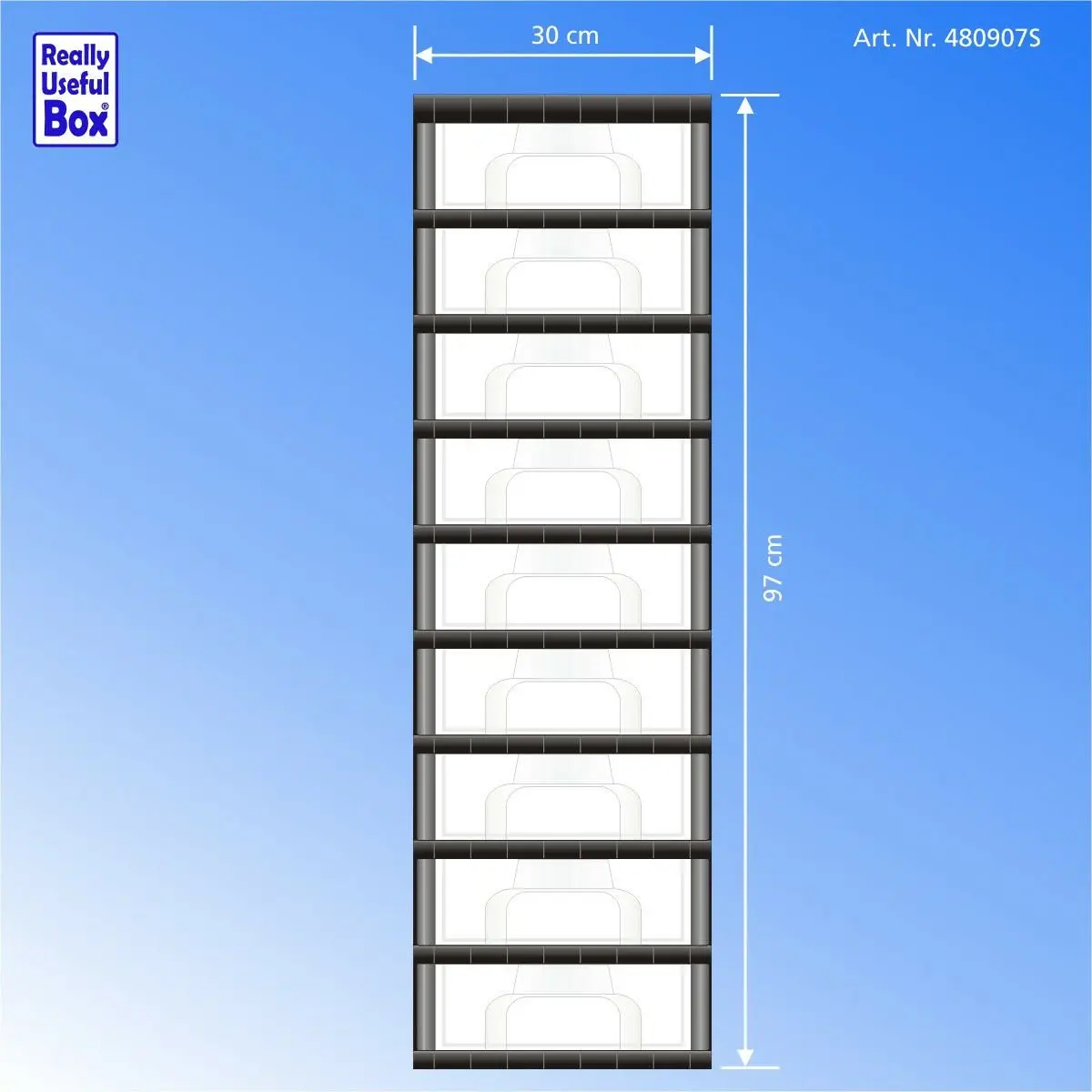 schwarzer Schubladenturm von REALLY USEFUL BOX mit 9 eingesetzten transparenten Schubladen 7 Liter