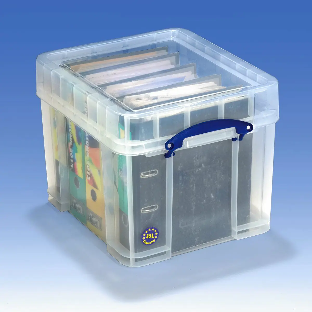 Transparente Aufbewahrungsbox von REALLY USEFUL BOX 35 Liter mit Deckel, Inhalt: 5 bunte Aktenordner
