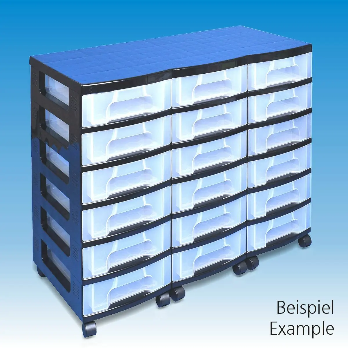 3 schwarze Schubladentürme von REALLY USEFUL BOX mit 27 eingesetzten transparenten Schubladen 7 Liter, mit Laufrollen