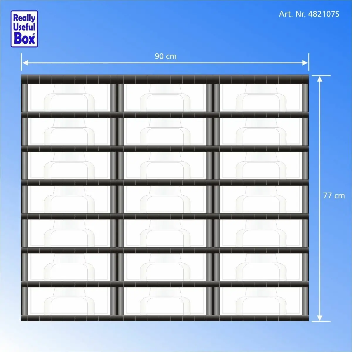 3 schwarze Schubladentürme von REALLY USEFUL BOX mit 21 eingesetzten transparenten Schubladen 7Liter