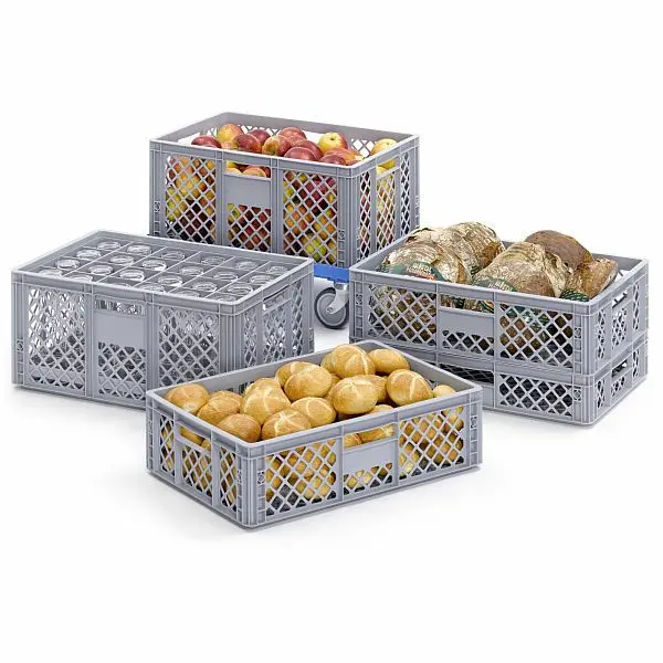 4 durchbrochenen Euroboxen von AUER, gefüllt mit Gläsern, Äpfeln, Brot oder Brötchen