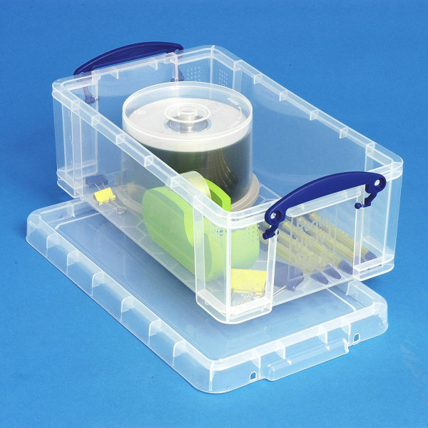 Transparente 5 Liter Kunststoffbox gefüllt mit CDs und Büromaterial