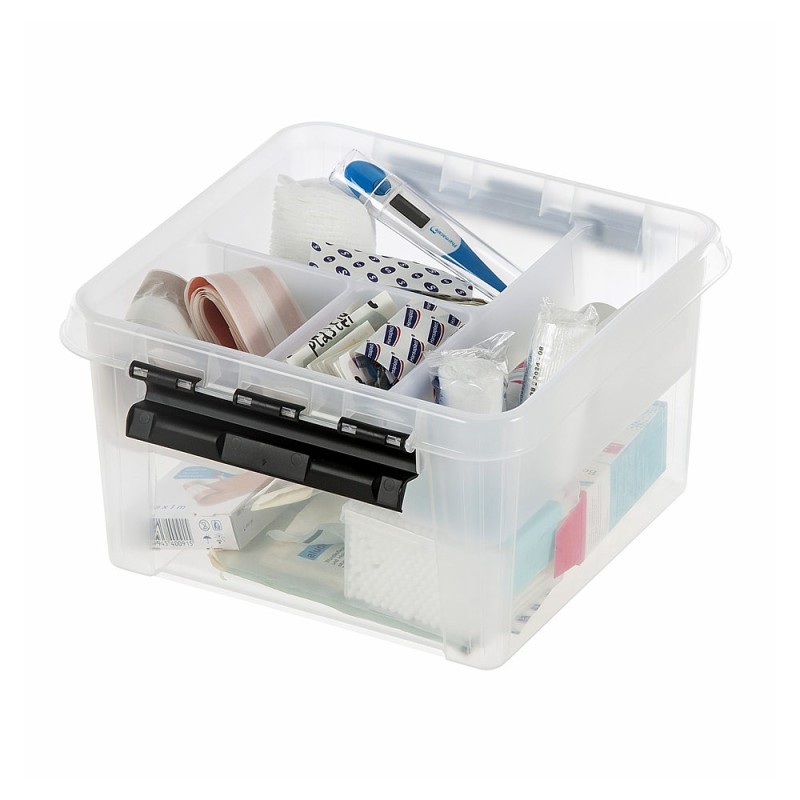 Quadratische Kunststoffbox transparent mit Einsatz und Verbandszeug 