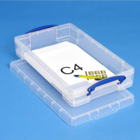 Transparente Kunststoffbox mit C4 Versandtaschen als Inhalt