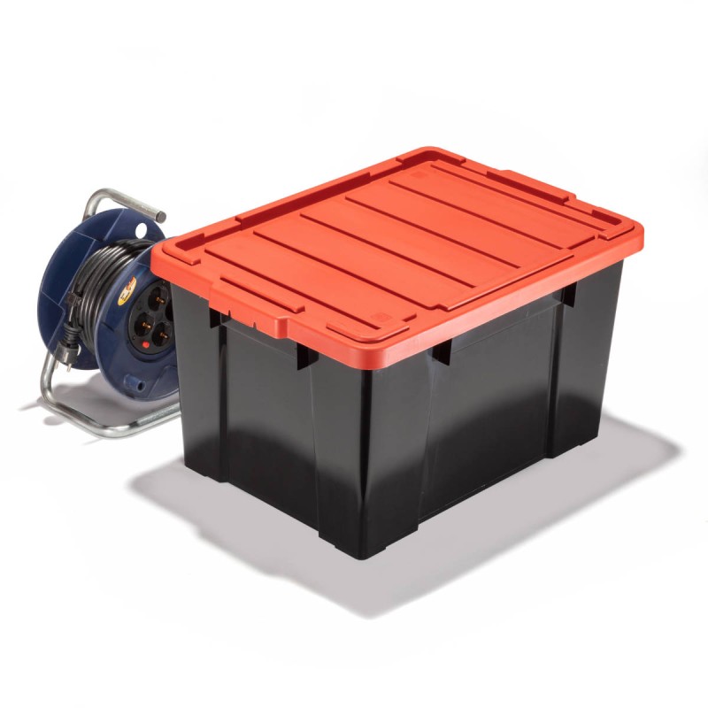 schwarze stabile Stapelbox mit rotem Deckel