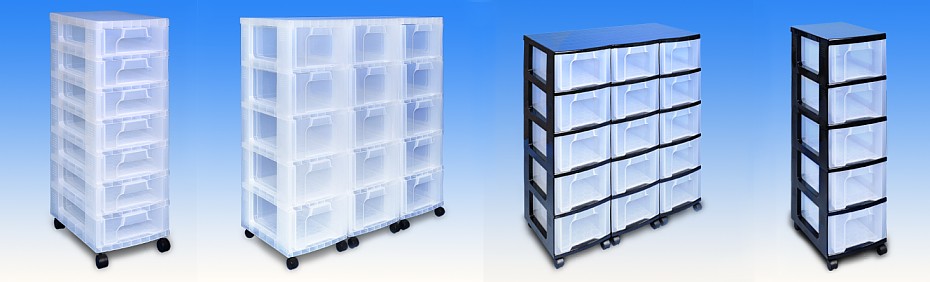 Drei unterschiedliche Storage Tower oder auch Schubladenschränke aus transparentem und schwarzem Kunststoff